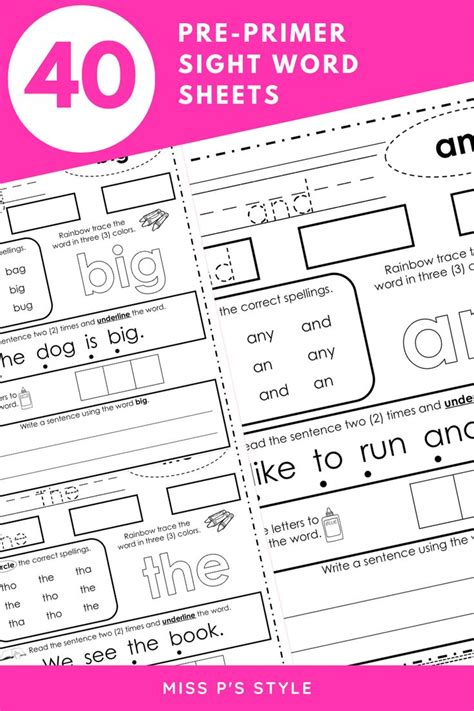 Pre Primer Sight Word And High Frequency Word Worksheets Pre Primer Sight Words Sight Word