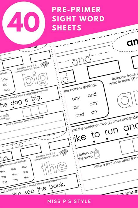 Printable Sight Word Worksheets For Pre Primer Sight Words Including