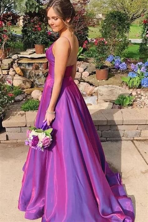 Simple Purple Satin Prom Dresses V Neck Formal Dress With Pockets