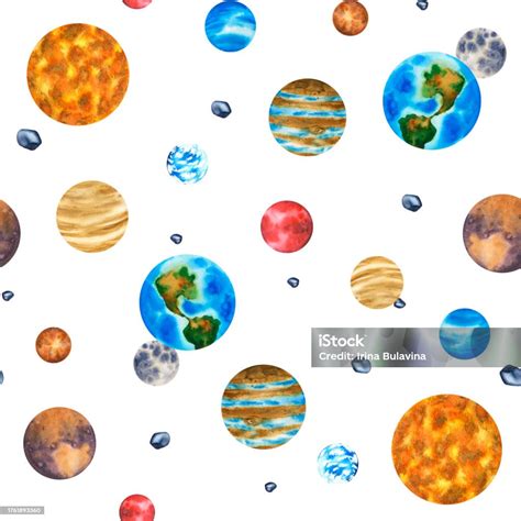 행성이 있는 원활한 패턴 은하계 클립 아트 태양계 태양 지구 달 수성 소행성 목성 화성 토성 금성 천왕성 우주 수채화 별이 있는 우주 공간의 그림 가든코스모스에 대한 스톡