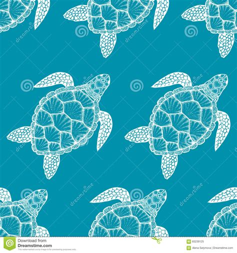 Seamless Pattern With Sea Turtle In Line Art Style Hand Drawn Vector