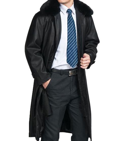 mens button closure belted black leather trench coat jackets creator