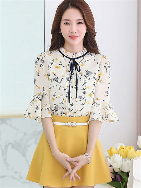 wholesale korean ladies floral chiffon blouse design spj062942