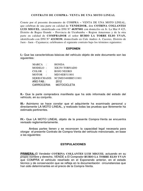 Contrato De Compra Moto Lineal Modelo2014docx Política Prueba