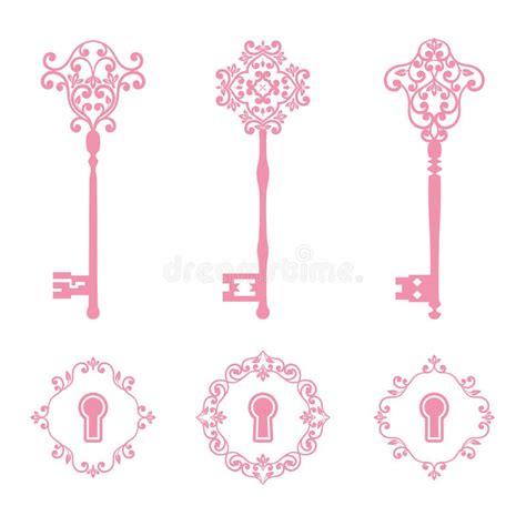 Vintage Keys Keyholes Set Pink Color Isolated White Stock Illustrations