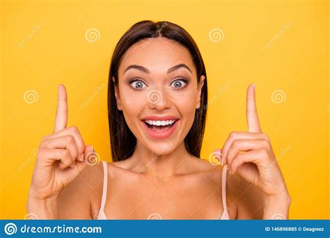Close Up Photo Beautiful Amazing She Her Lady Indicate Fingers Hands Arms Up Empty Space