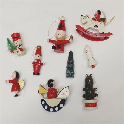 Set Of 9 Vintage Christmas Ornaments Wooden Christmas