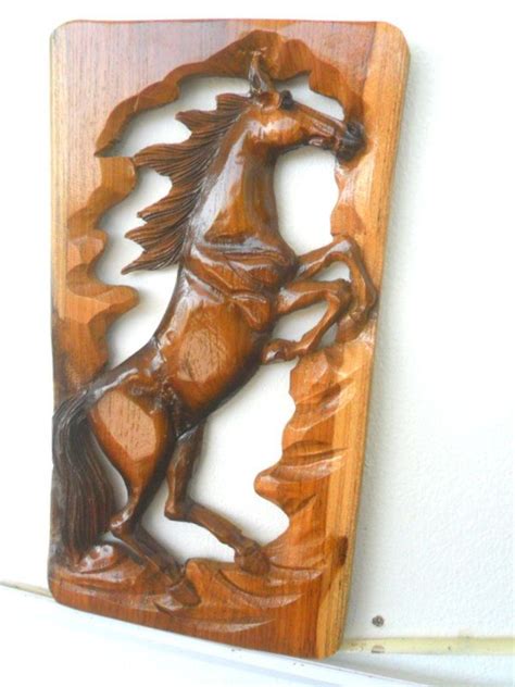 Wood Carving Horse Hand Carved Horse Natural Teak Wood Wild Mustang