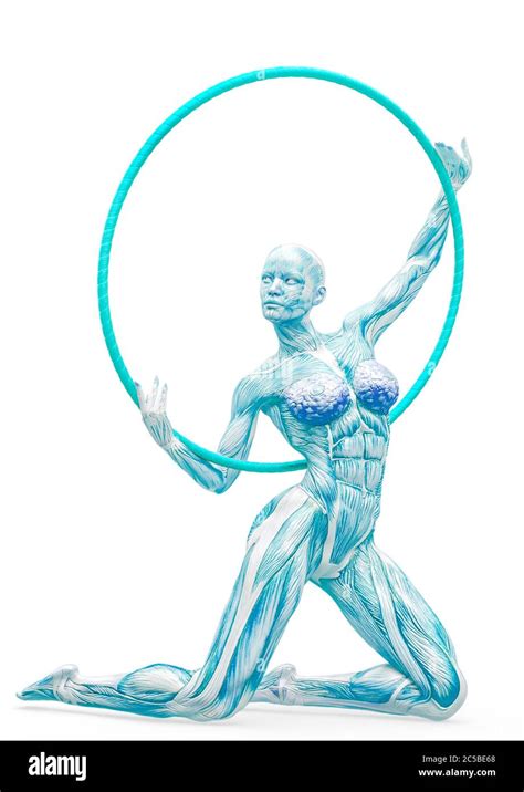 muscle woman doing a gymnastic pose two with a hoop in white background 3d illustration stock