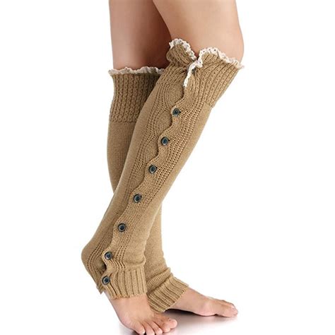 Button Laciness Crochet Leg Warmers Knitted Stockings For Women Khaki