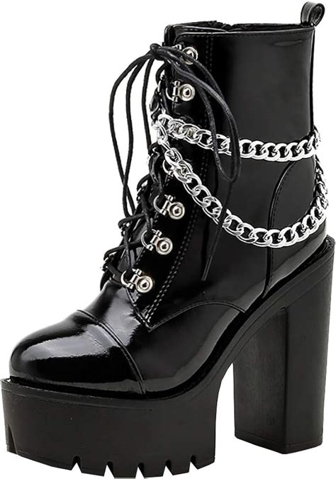 Parisuit Womens Chunky Platform Goth Combat Boots With Chains Punk High Heel Lace Up Patent
