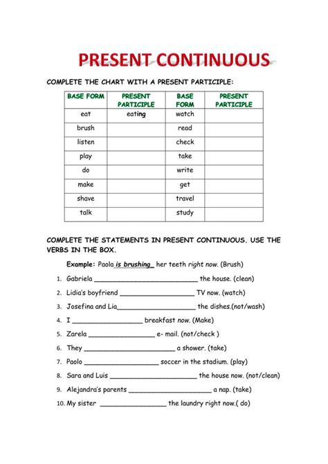 The Present Continuous Tense Worksheet Is Shown In Red And Green With Words On It