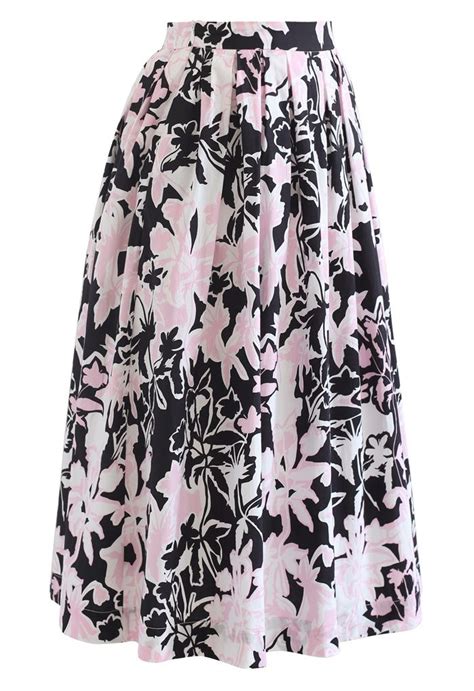 Summer Floral Print Pleated Midi Skirt In Black Retro Indie And