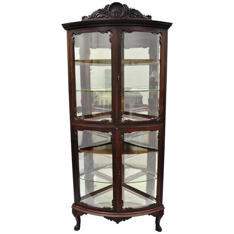 Antique Mahogany Victorian Bow Front Glass Corner Curio Cabinet Display