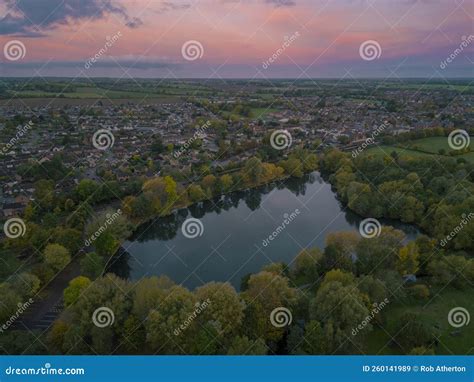 An Aerial View Of The Lake At Sunrise In Needham Market Suffolk Stock