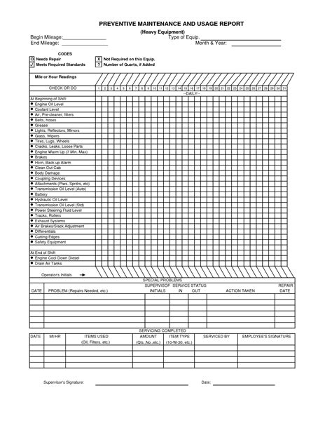 Heavy Equipment Maintenance Schedule Template Printable Schedule Template
