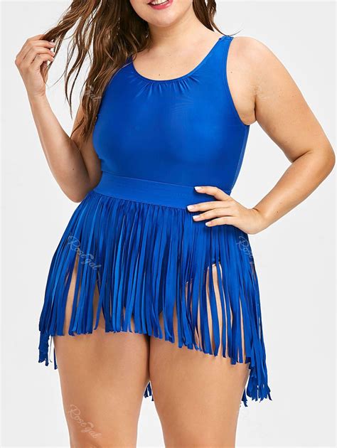 49 Off Plus Size One Piece Swimsuit With Fringe Skirt Rosegal