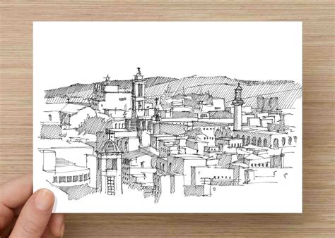 Jerusalem Skyline Holy City Pen And Ink Drawing Sketchbook Art