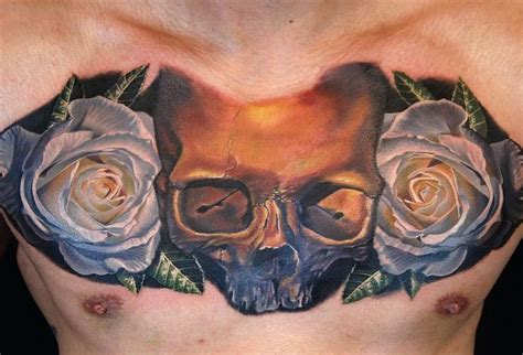 Skull And Roses Chest Tattoo By Phil Garcia