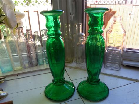two green glass candlestick holder vintage glass candle