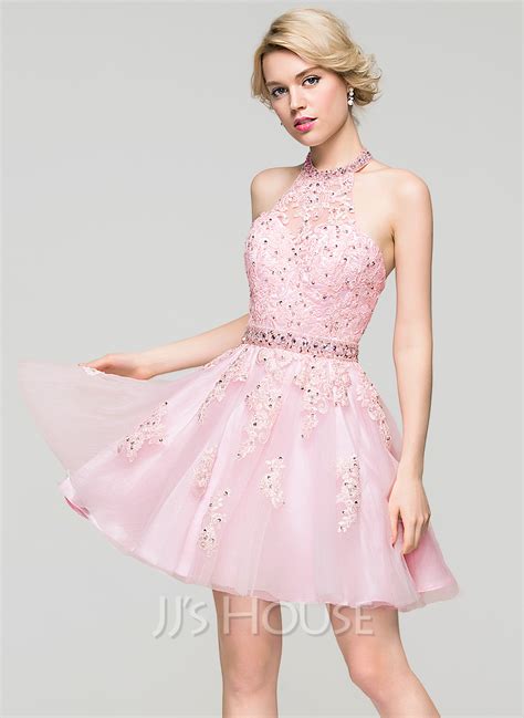 A Line Princess Halter Short Mini Tulle Lace Homecoming Dress With Beading Sequins 022087602