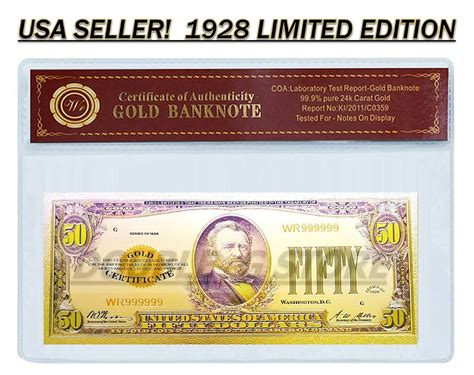 24k 999 Gold 1928 50 Gold Certificate Banknote With Coa Cert Of