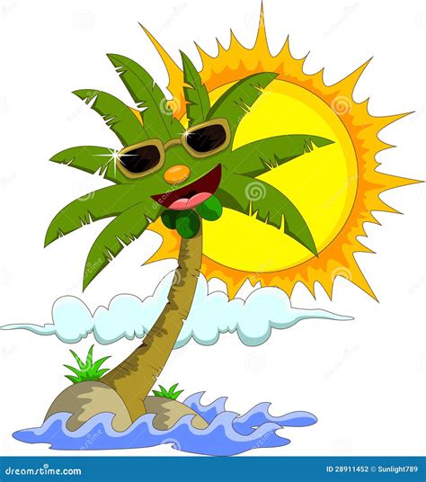 Tropical Island With Cartoon Palm Tree And Sun Stock Photography