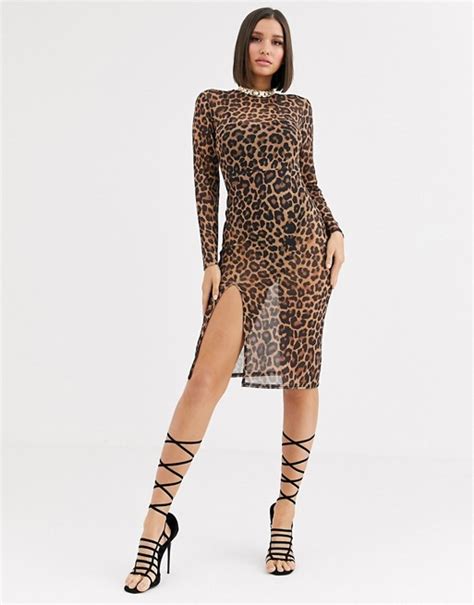 Club L London Sheer Leopard Thigh Split Midi Dress In Brown Leopard Asos