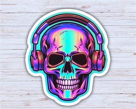 Skull With Headphones Sticker Neon Skull Psychedelic Colors Sticker