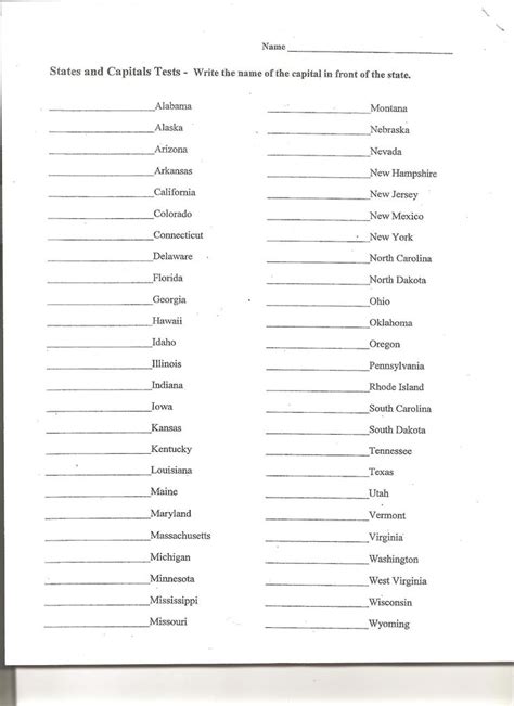 States And Capitals Test Printable