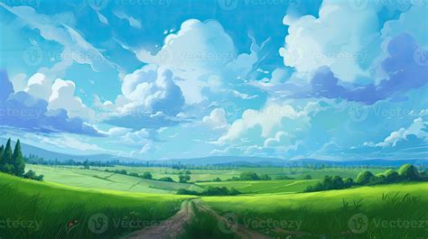 Anime Style Artwork Of Serene Pastoral Scenes Fields Clouds And Dirt