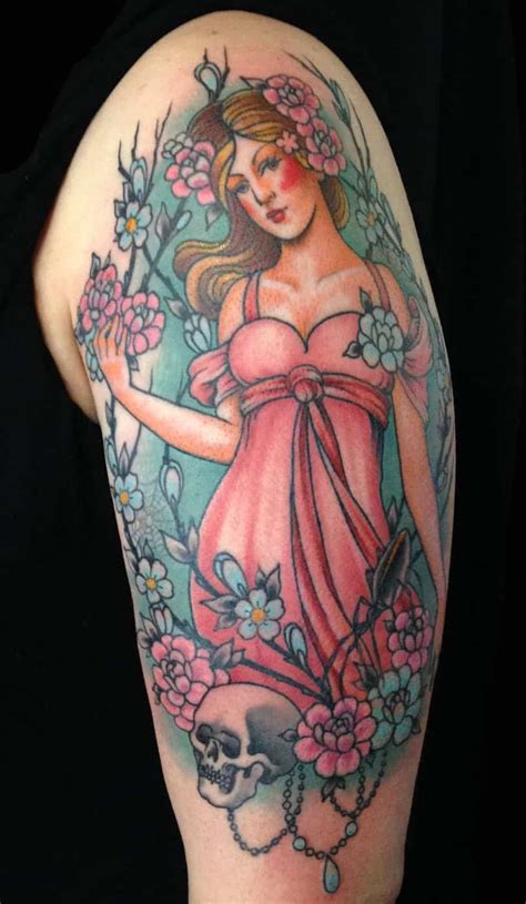 arm flowers pin up girl traditional americana woman tattoo slave to the needle
