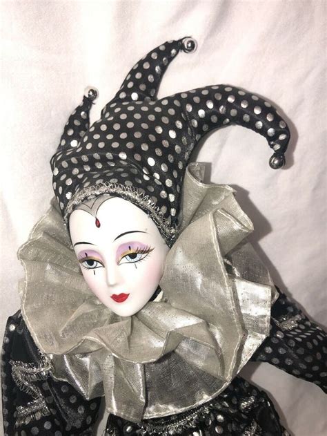 Vintage 17” Harlequin Mardi Gras Jester Clown Porcelain Doll Slver And Blk Vintage Clown