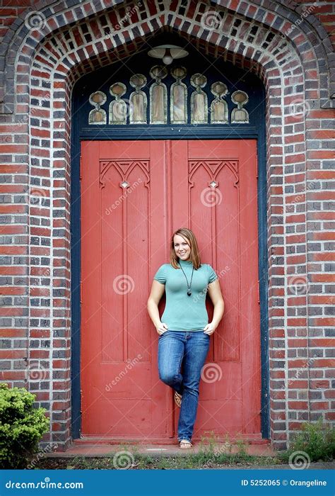 Young Adult Standing In Front Of Door Stock Image Image Of Outdoor