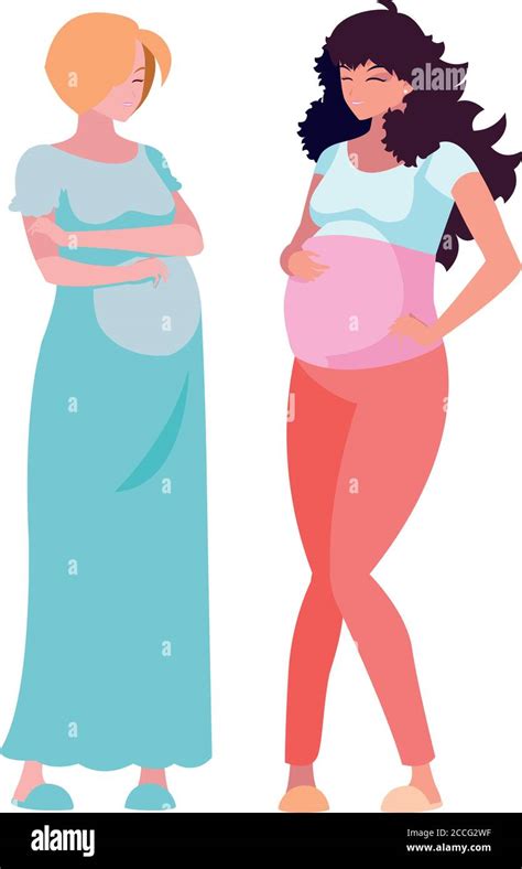 Blond And Brown Hair Pregnant Women Cartoons Design Belly Pregnancy