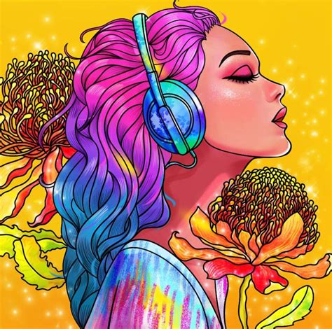 Girlheadphonespinkflowerspainting Conchettat Drawings Colorful