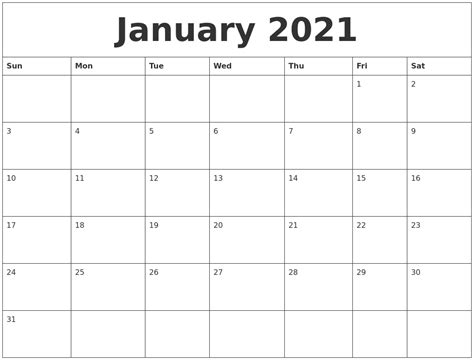 January 2021 Monthly Printable Calendar