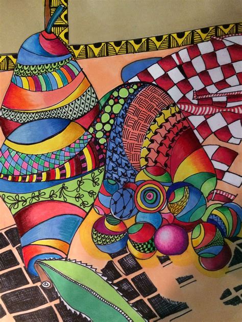 Still Life drawing with Zentangle patterns colored pencil and marker