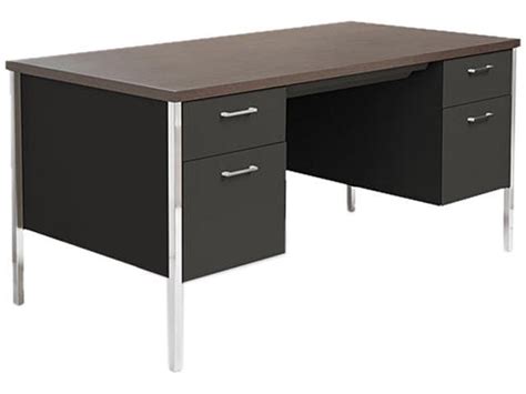 Double Pedestal Steel Desk Metal Desk 60w X 30d X 29 12h Walnut