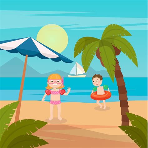 enfants mer vacances fille et garçon nageant sur la plage illustration vectorielle vecteur