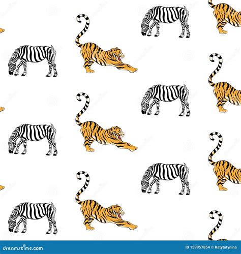 Vector Pattern With Hand Drawn Illustration Of Tiger And Zebra Isolated