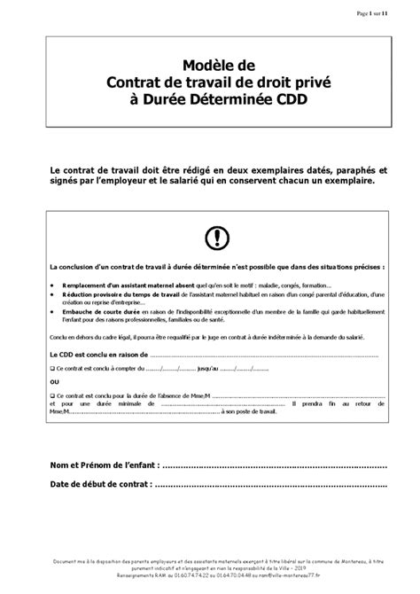 Mod Le De Contrat De Travail De Droit Priv Dur E D Termin E Cdd