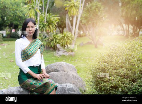Beautiful Laos Girl In Laos Costume Asian Woman Wearing Traditional Laos Culture Vintage Style