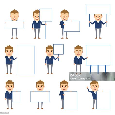 다양 한 빈 간판 포즈 재미 사업가 문자 집합 가리키기에 대한 스톡 벡터 아트 및 기타 이미지 가리키기 공란 광고