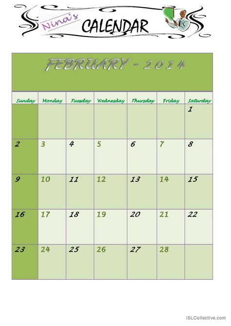 February 2014 Calendar English Esl Worksheets Pdf And Doc