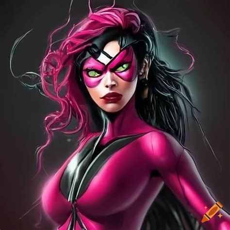 pink widow spider woman with black hair and green eyes