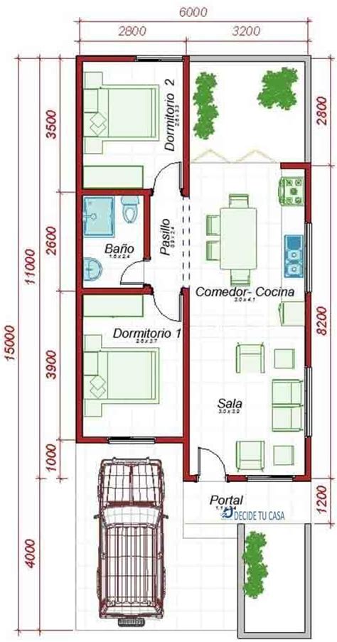 Planos De Casas De 6x15 Con Medidas Un Piso 2 Dormitorios Con Patio En