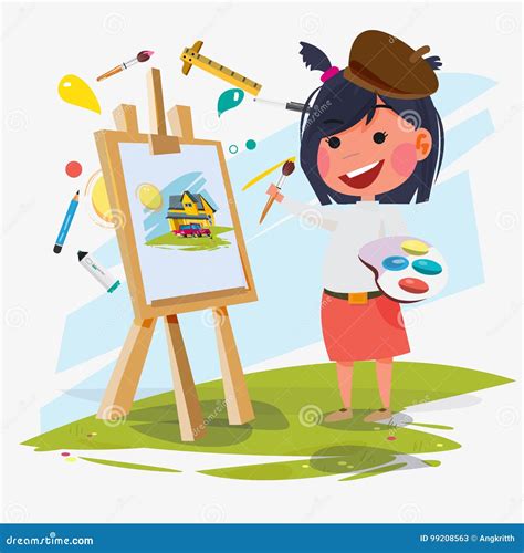 Artist Female Or Girl Painting On Canvas With Art Icons Character