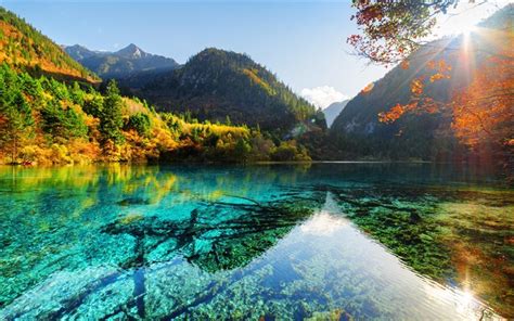 Download Wallpapers Crystalline Turquoise Lake Autumn Blue Lake Asia Jiuzhaigou National