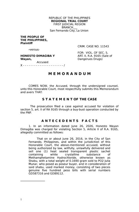 Legal Memorandum Sample REPUBLIC OF THE PHILIPPINES REGIONAL TRIAL COURT FIRST JUDICIAL REGION